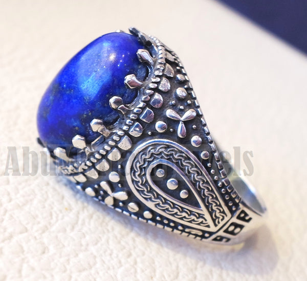 man ring lapis lazuli oval cabochon natural dark blue stone sterling