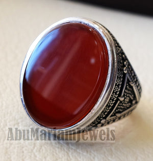 aqeeq natural agate huge big stone oval red flat gem man ring sterling silver arabic middle eastern turkey style fast shipping