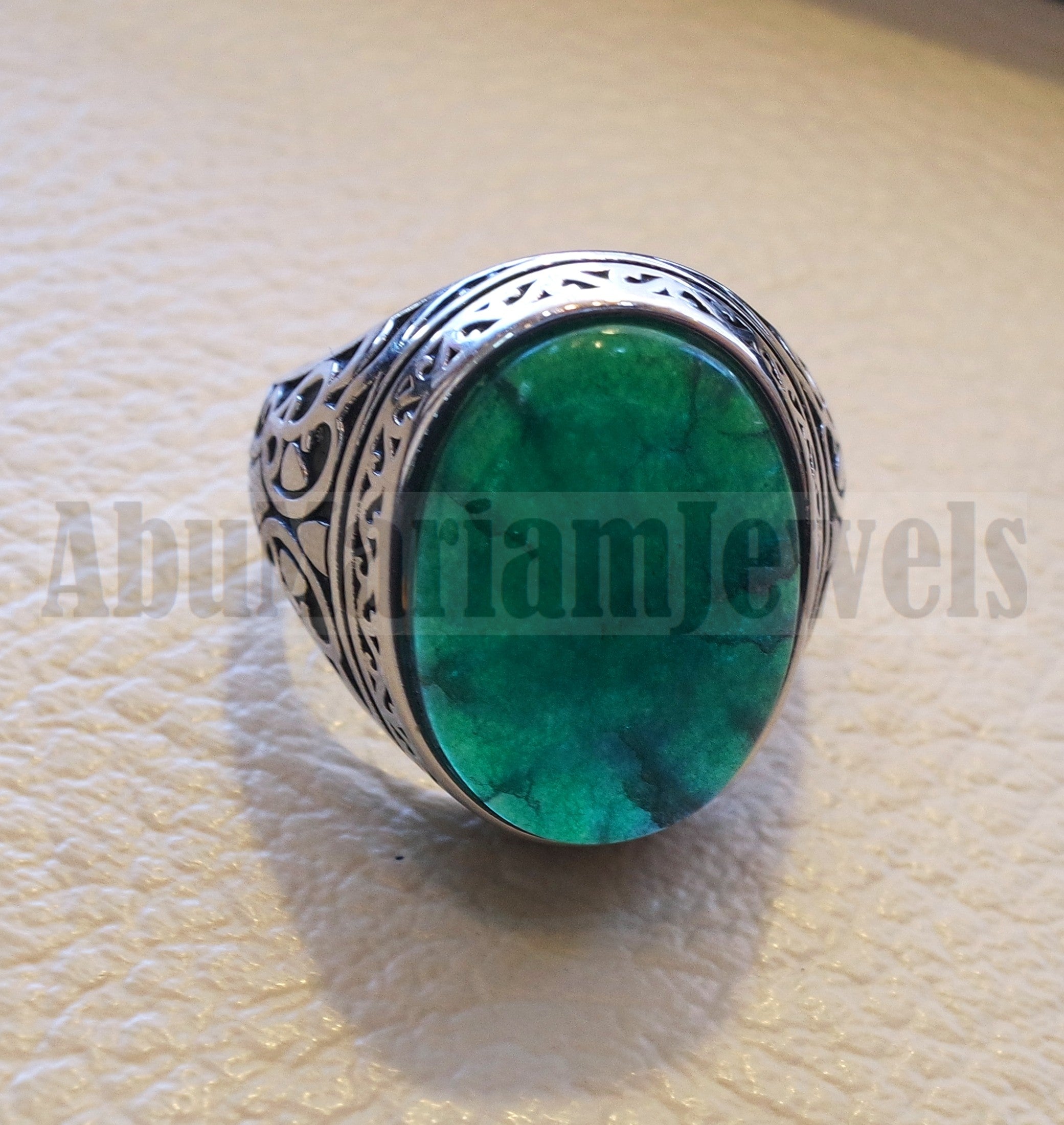 Treated natural corundum identical to genuine emerald stone color huge men ring sterling silver 925 any size ottoman jewelry زمرد