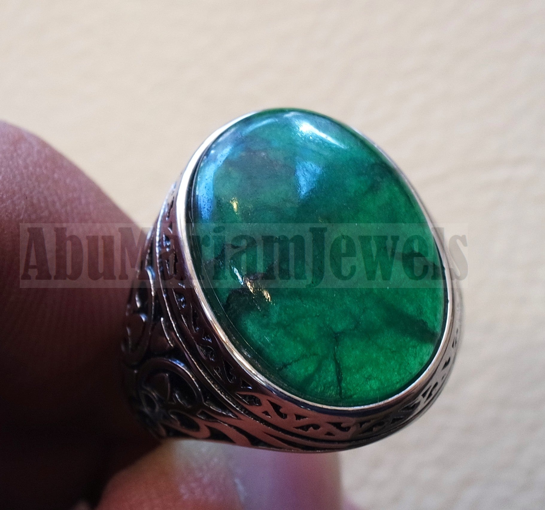 Treated natural corundum identical to genuine emerald stone color huge men ring sterling silver 925 any size ottoman jewelry زمرد