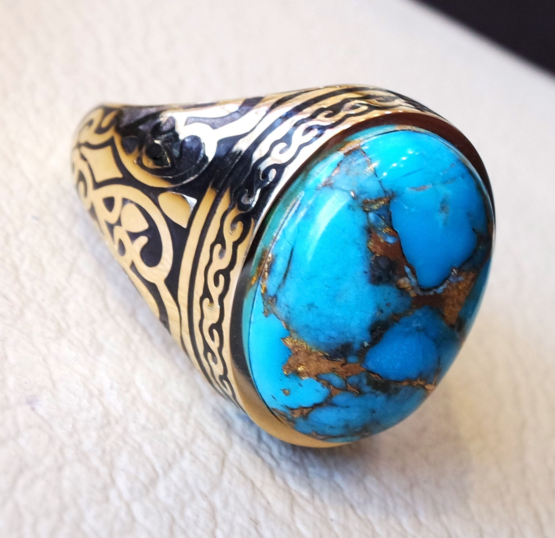 18k yellow gold men ring blue turquoise cabochon high quality natural stone all sizes Ottoman signet style fine jewelry fast shipping