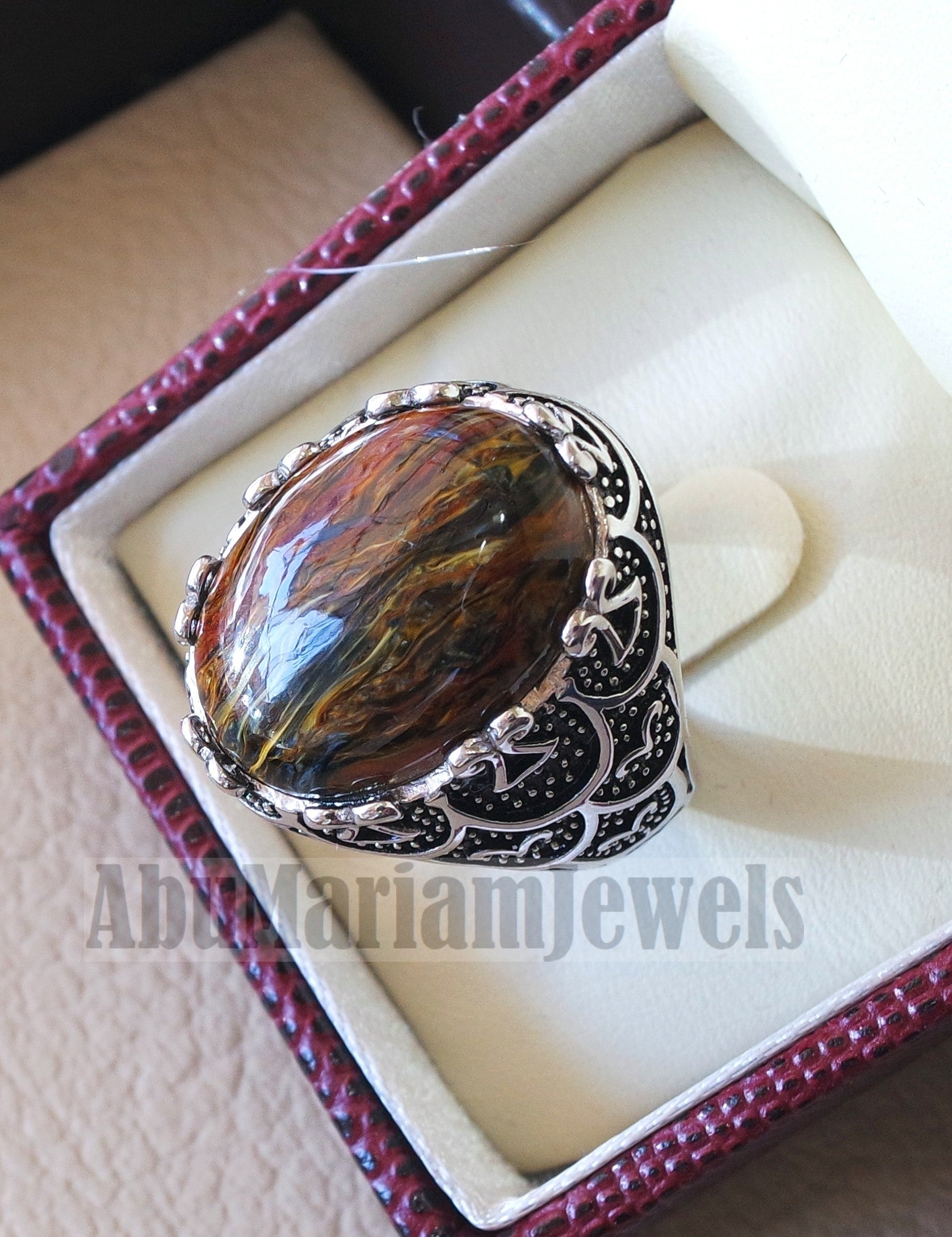man ring pietersite natural stunning stone sterling silver 925 oval cabochon multi color gem ottoman arabic style all sizes jewelry