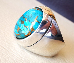 copper turquoise natural stone men heavy sterling silver 925 ring oval cabochon semi precious gem ottoman arabic style all sizes jewelry