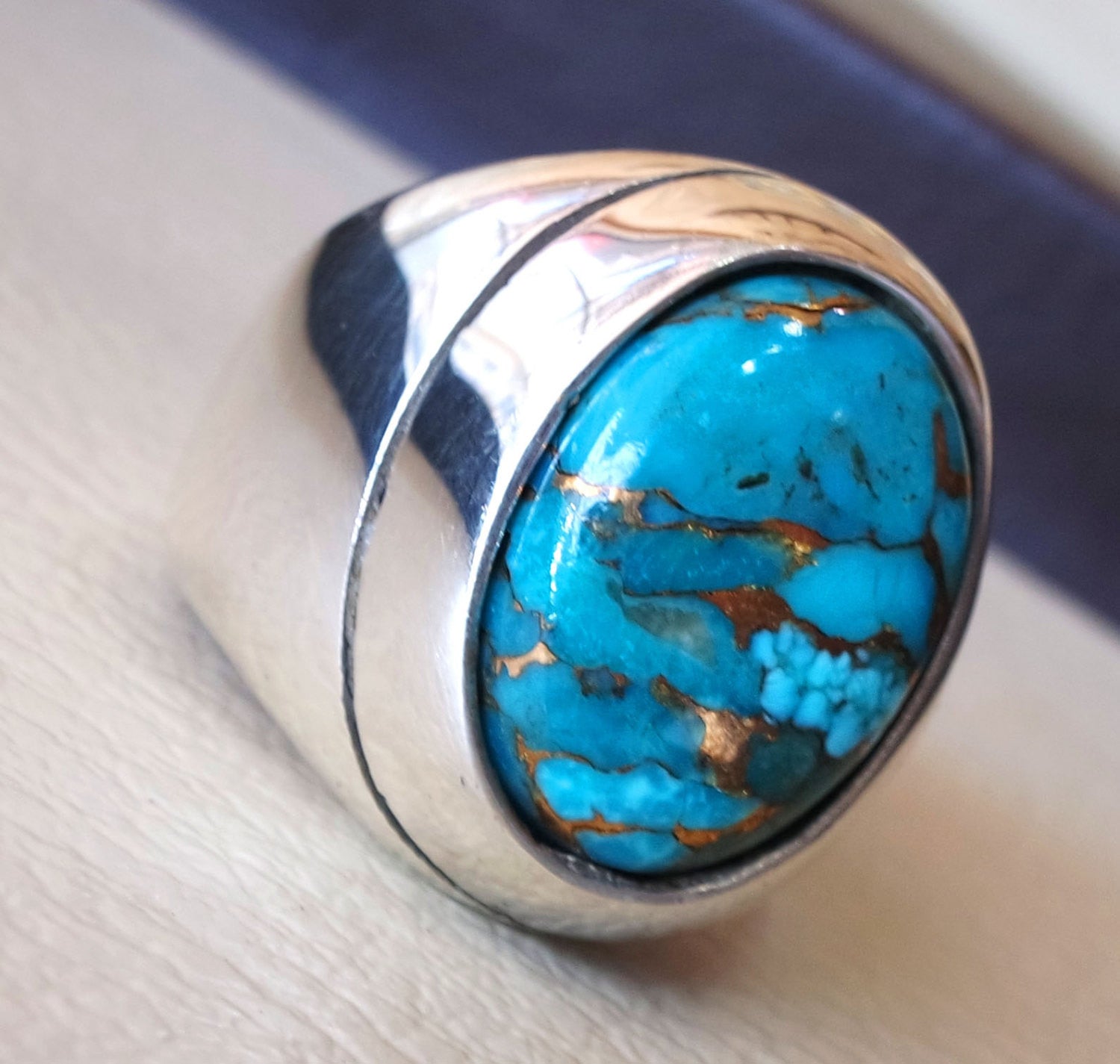 copper turquoise natural stone men heavy sterling silver 925 ring oval cabochon semi precious gem ottoman arabic style all sizes jewelry