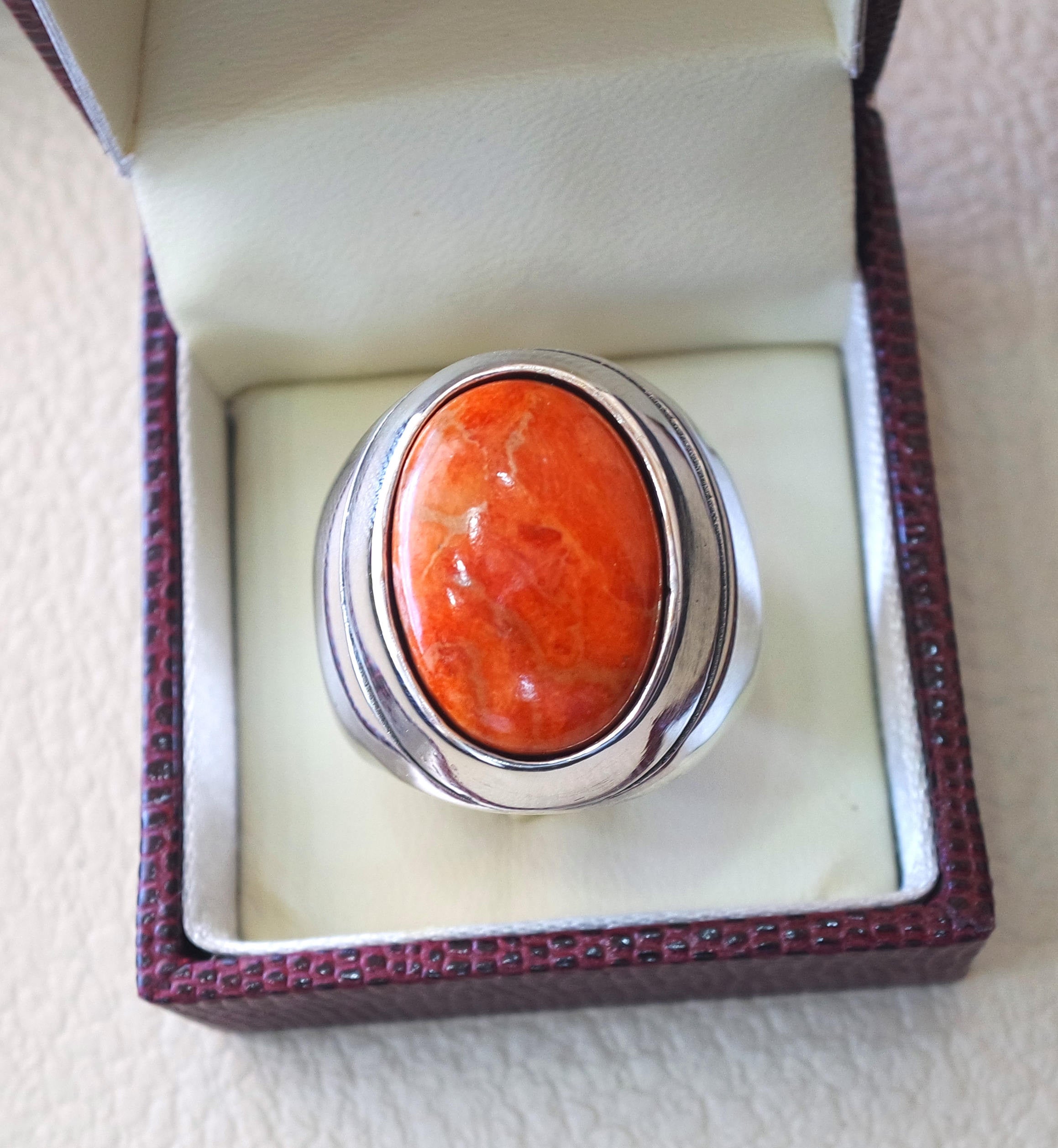 Sponge coral Murjan  heavy men ring orange to red natural stone sterling silver 925 vintage turkish style all sizes  fast shipping مرجان