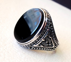 aqeeq natural agate onyx huge big stone oval black flat gem man ring sterling silver arabic middle eastern turkey style fast shipping