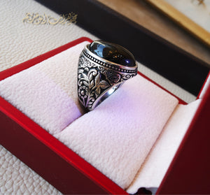 Black aqeeq natural agate stone oval red cabochon gem man ring sterling silver Arabic middle eastern turkey style