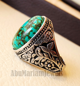 man ring nishapur tibet turquoise blue natural high quality stone sterling silver 925 all semi precious gem detailed design style