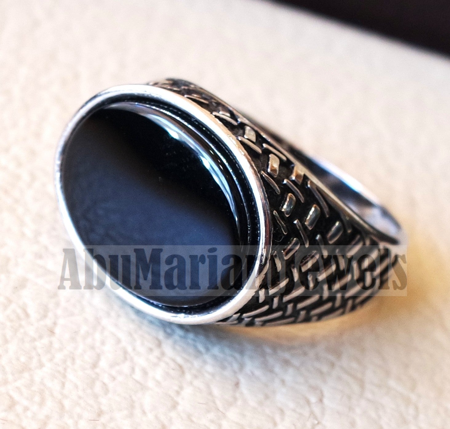 flat black onyx agate aqeeq stone arabic ottoman style man ring all sizes sterling silver 925 oval gem shape antique jewelry