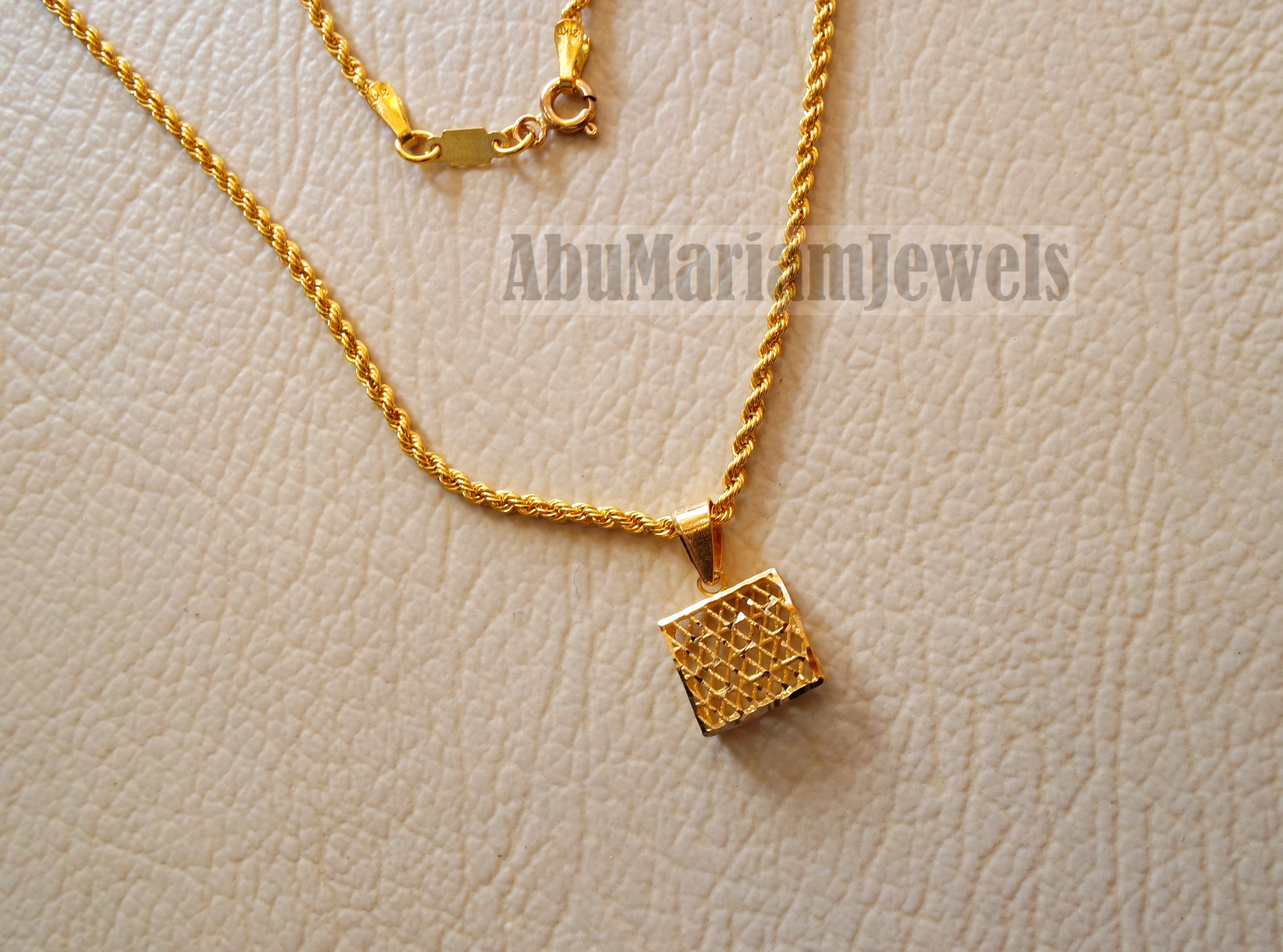 Square 3d 21 k gold pendant with rope chain fine jewelry necklace fast shipping