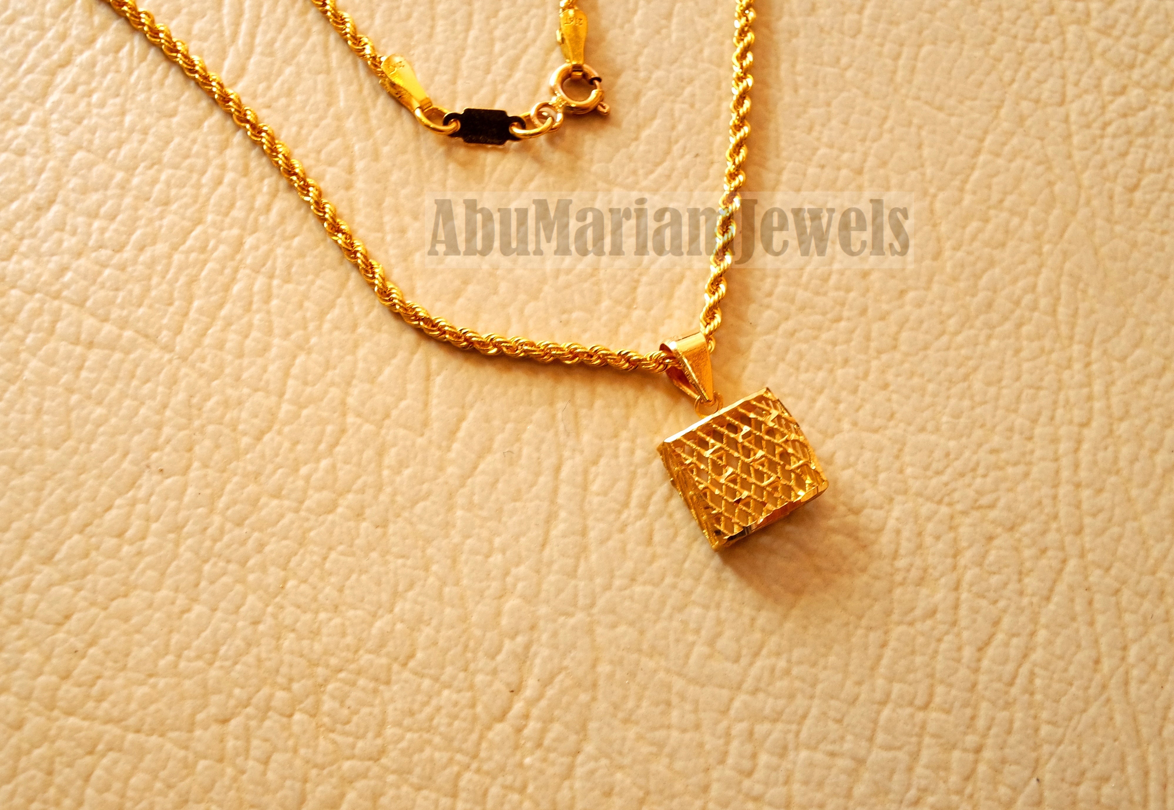 Square 3d 21 k gold pendant with rope chain fine jewelry necklace fast shipping