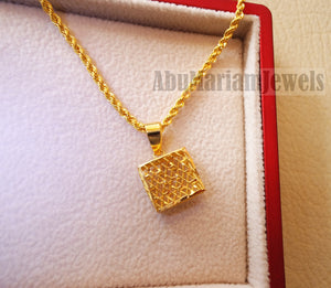 Square 3d 21 k gold pendant with rope chain fine jewelry necklace fast shipping