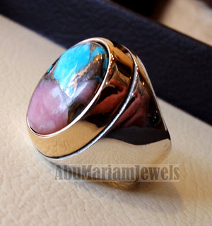 Copper pink Opal Turquoise blue natural stone ring sterling silver 925 bronze frame men jewelry all sizes gem middle eastern style