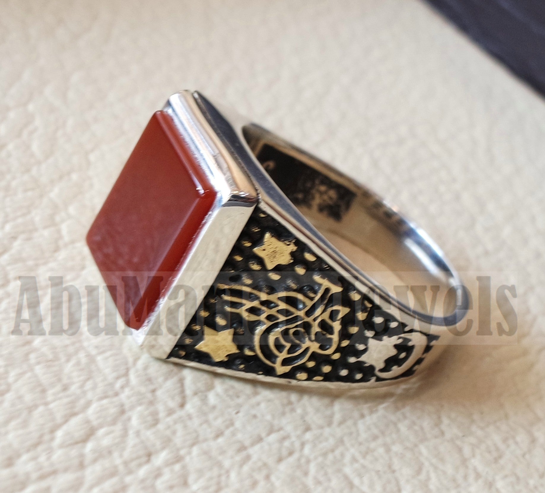 Rectangular silver aqeeq flat natural semi precious agate carnelian gemstone men ring sterling silver 925 and bronze jewelry all sizes