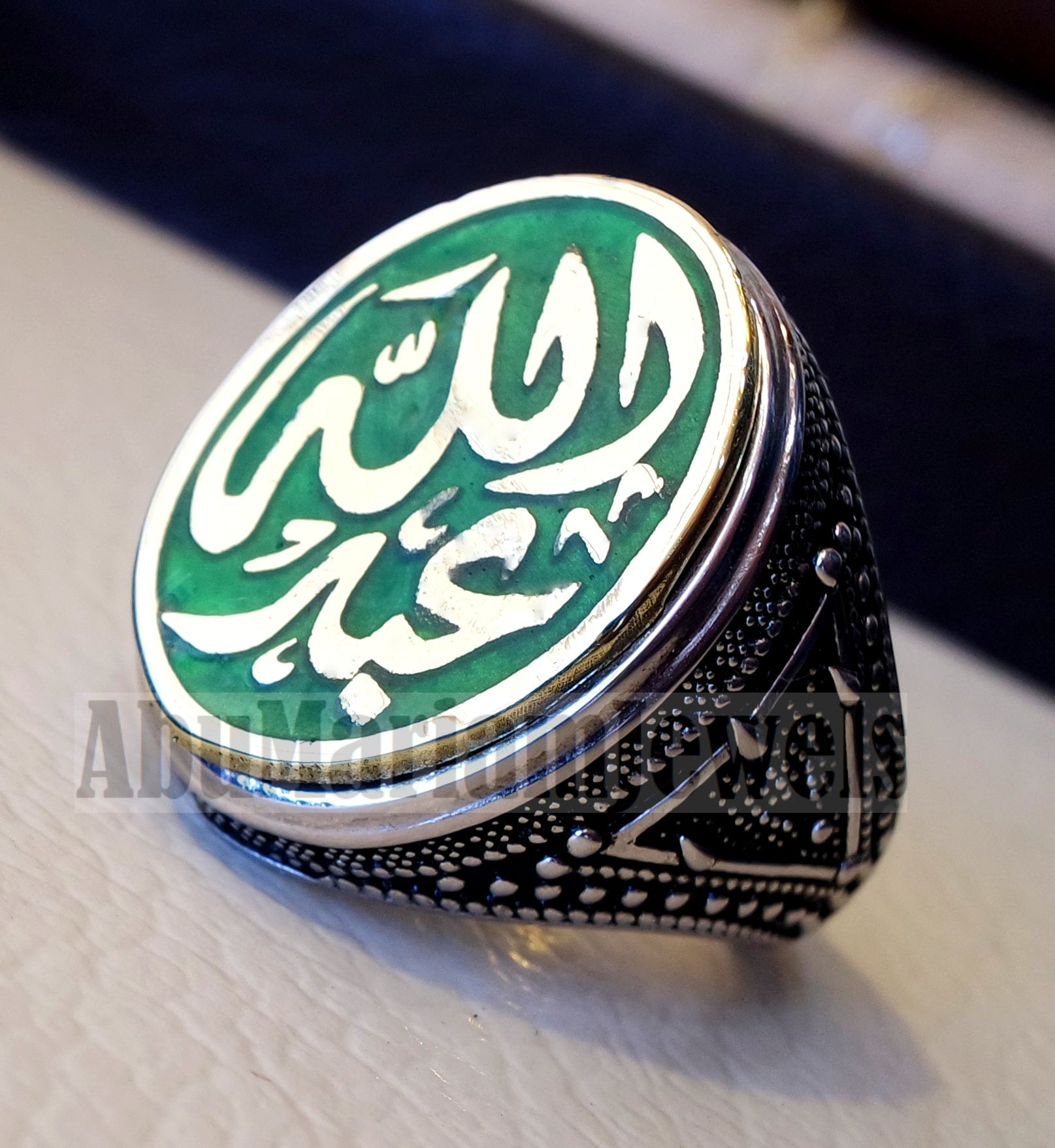 Customized Arabic calligraphy names ring personalized sterling silver 925 and bronze with green enamel TSE1002 خاتم اسم تفصيل