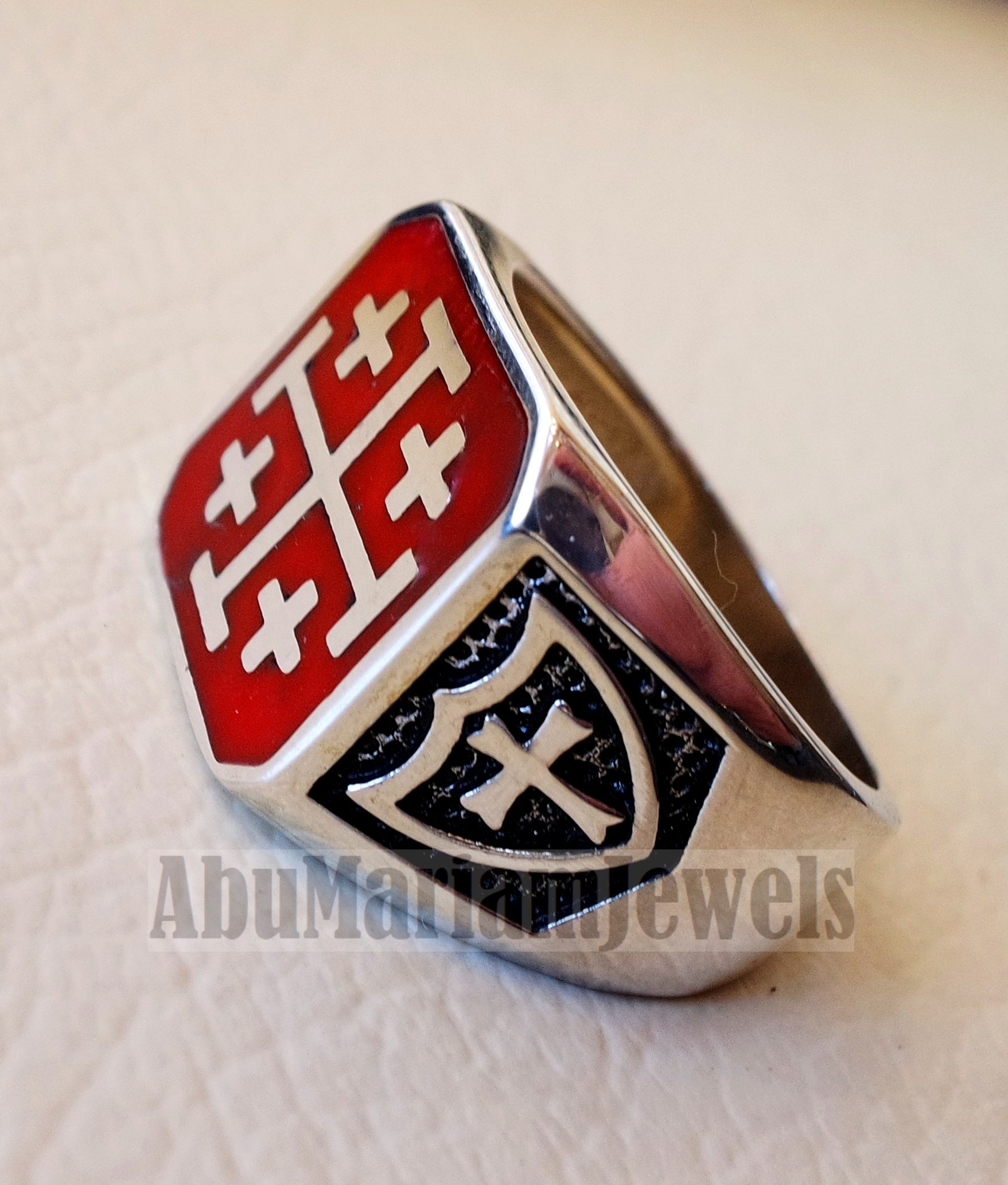 Jerusalem Cross ring christ christian symbol sterling silver 925 red enamel man gift jewelry fast shipping square shape Catholic Orthodox