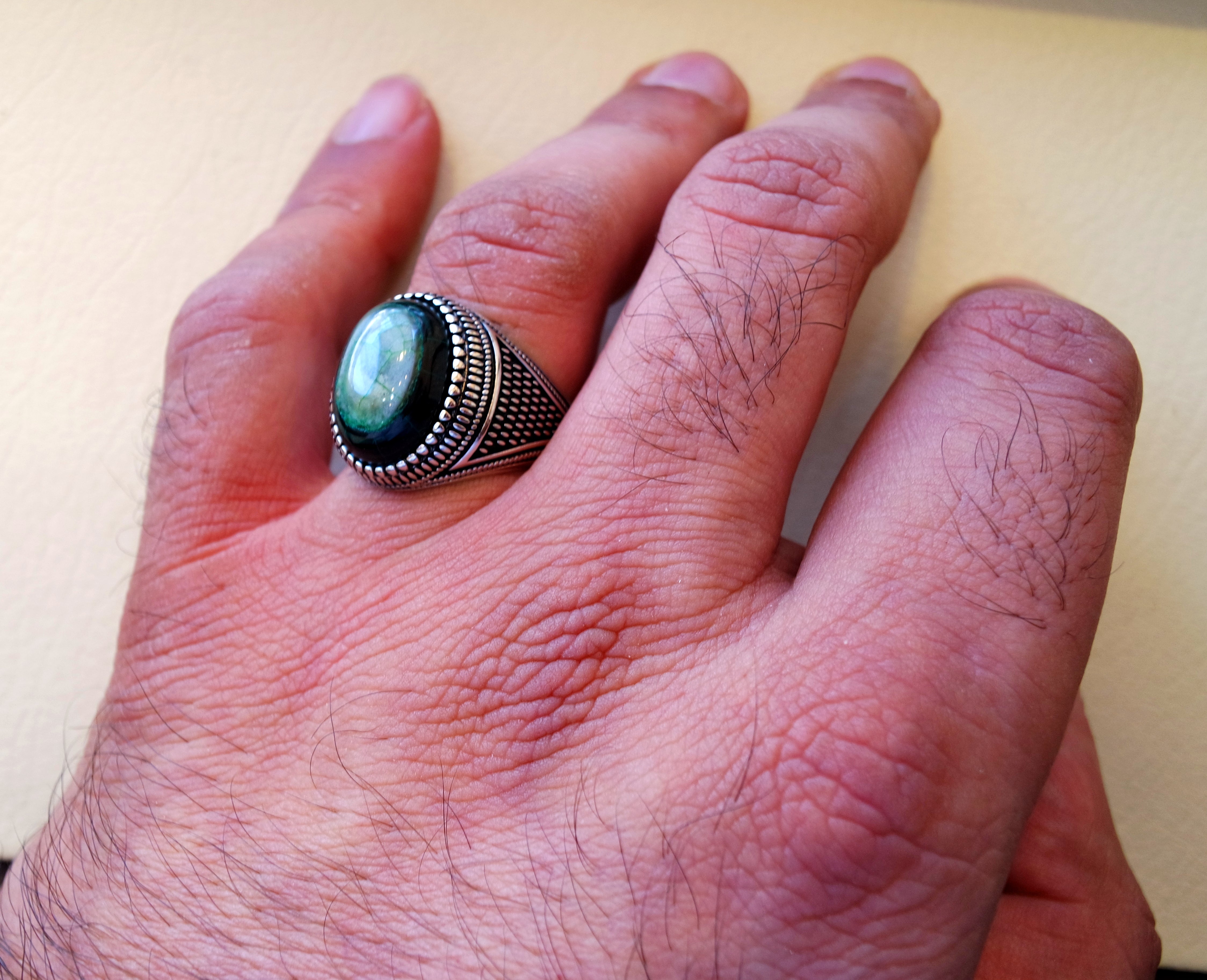 Akeek agate green natural aqeeq stone semi precious men ring sterling silver 925 all sizes antique ottoman middle east style jewelry