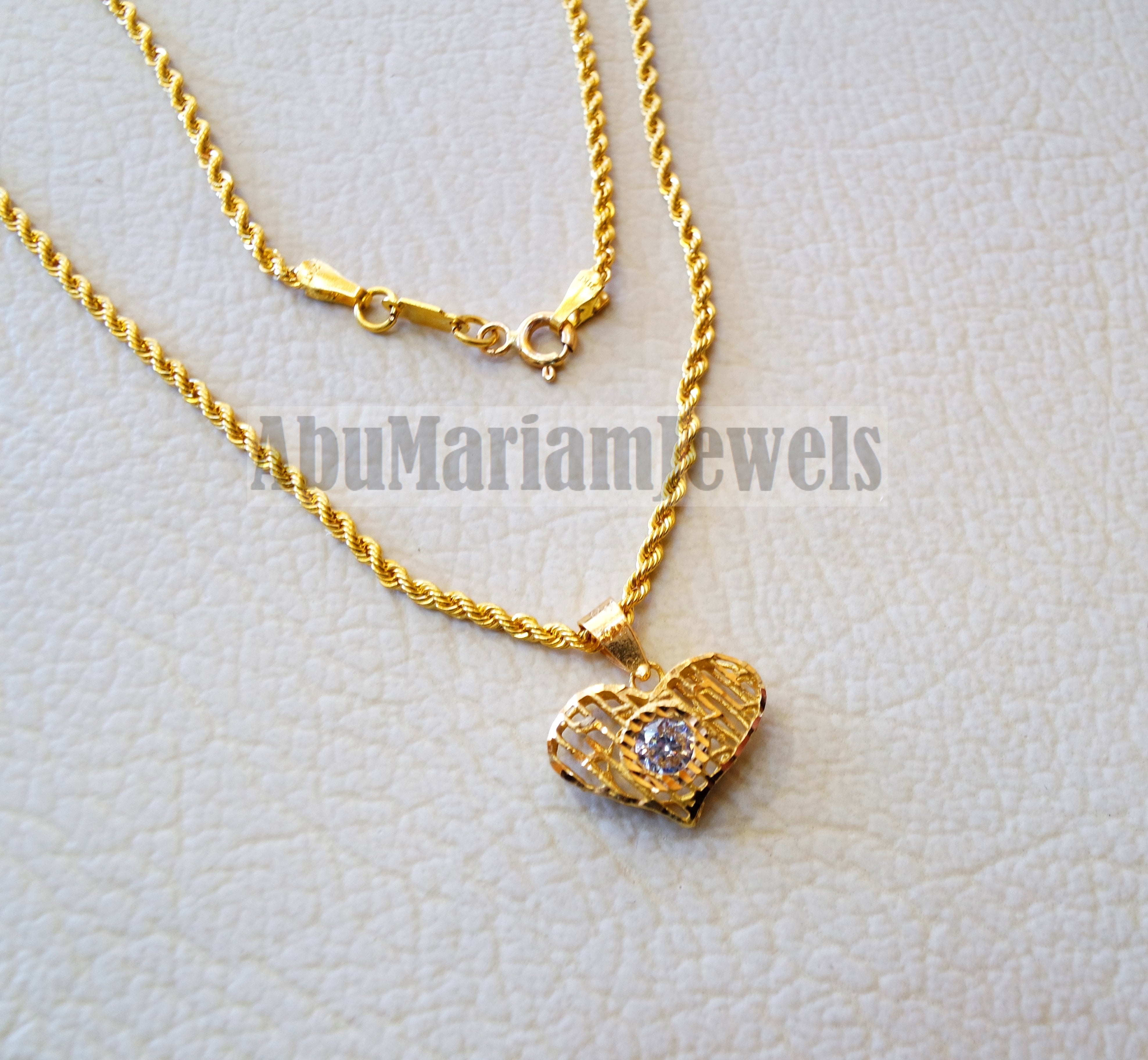 21K gold heart pendant with rope chain gold jewelry 16 and 20 inches f –  Abu Mariam Jewelry