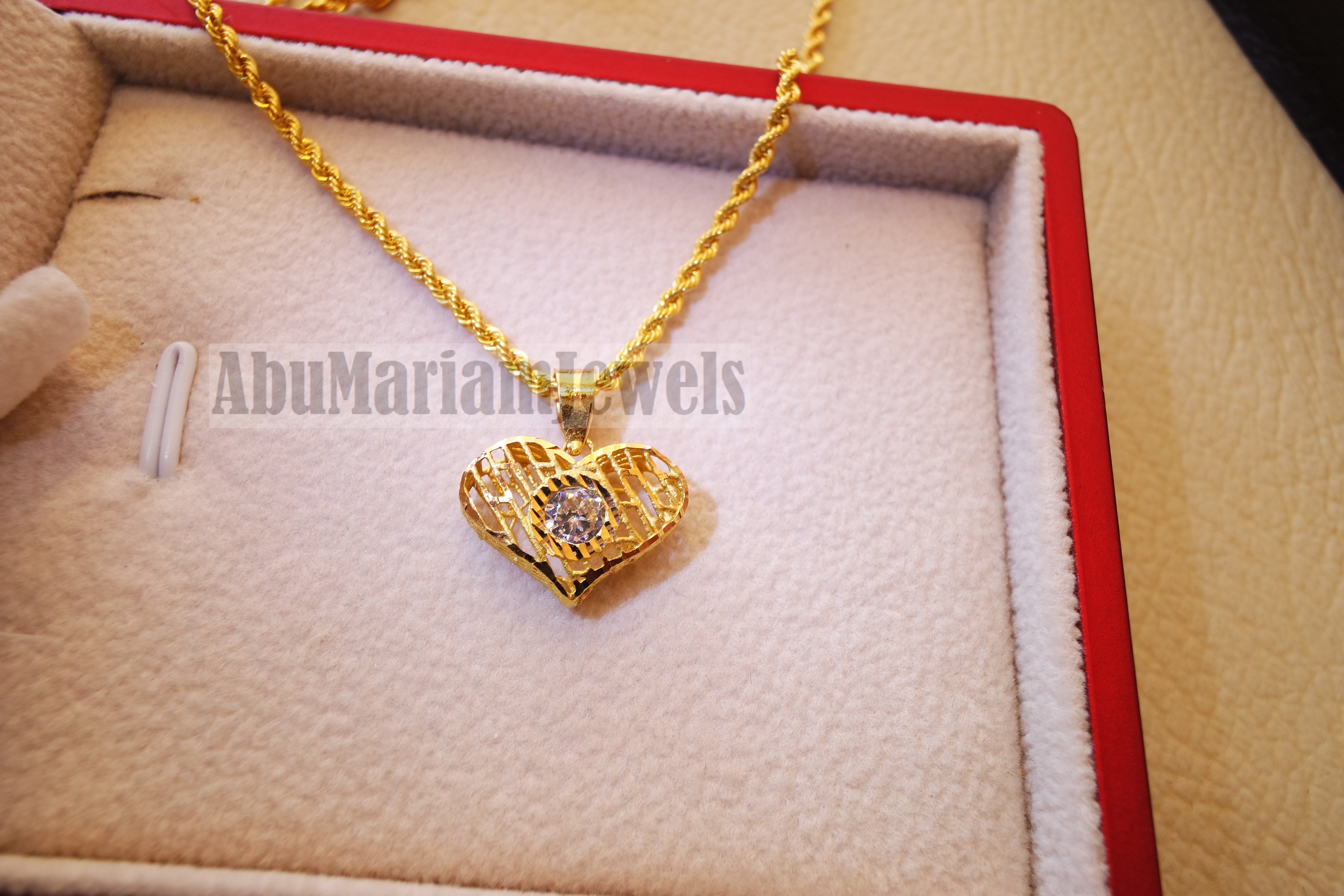 21K gold heart pendant with rope chain gold jewelry 16 and 20 inches f –  Abu Mariam Jewelry