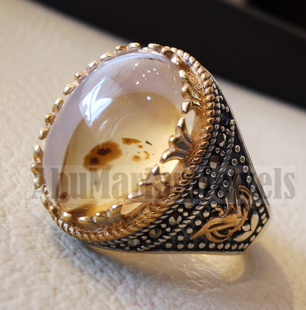 Oval yamani aqeeq natural semi precious multi color agate gem men ring sterling silver 925 and bronze jewelry all sizes  1007 عقيق يماني