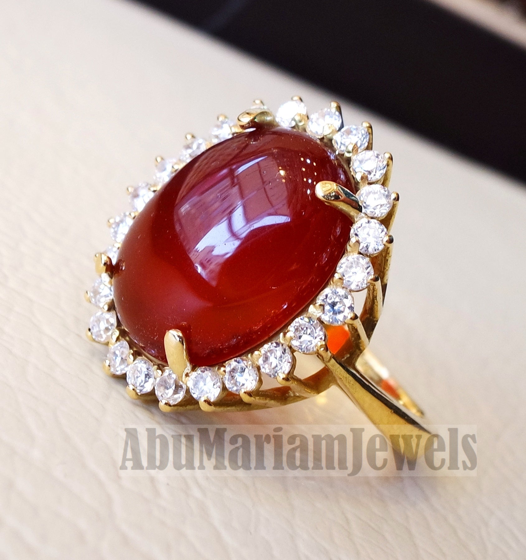 Cluster 18K gold carnelian red aqeeq agate ladies ring cabochon oval stone all sizes jewelry classic style white cubic zircon around