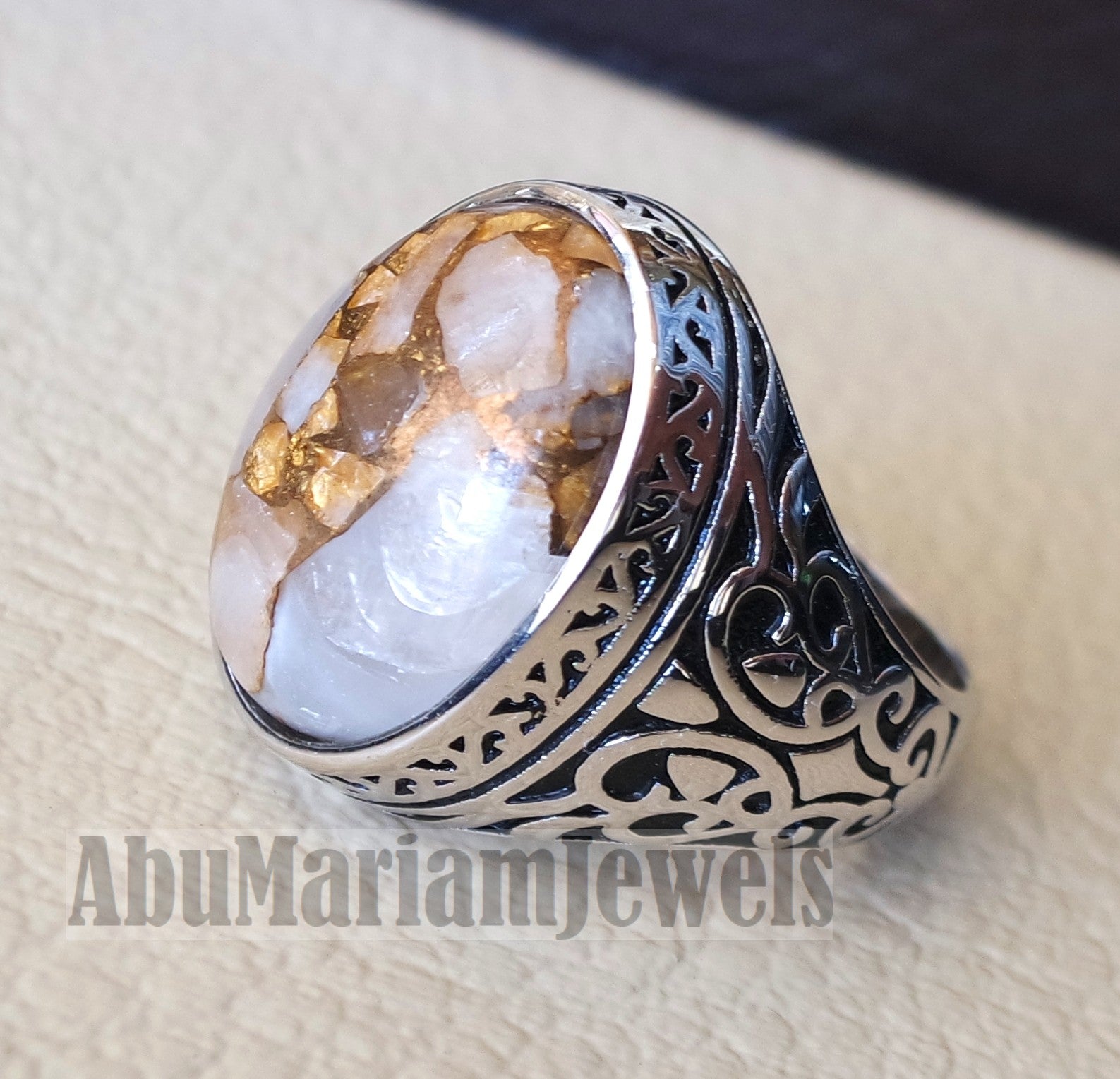 man ring copper Calcite natural stone sterling silver 925 oval cabochon semi precious gem ottoman arabic style all sizes jewelry