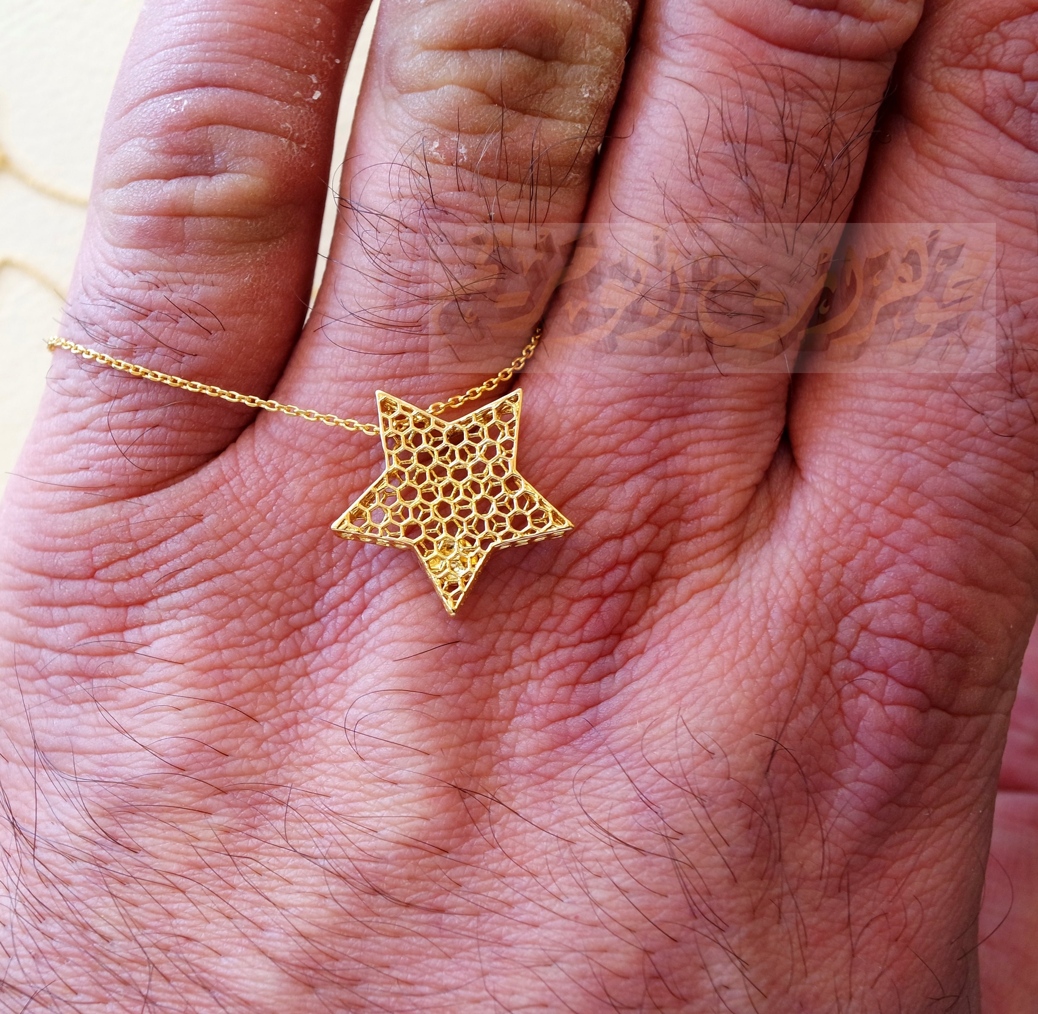 Honeycomb star 3d 18K yellow gold necklace pendant and chain fine jewelry full insured shipping