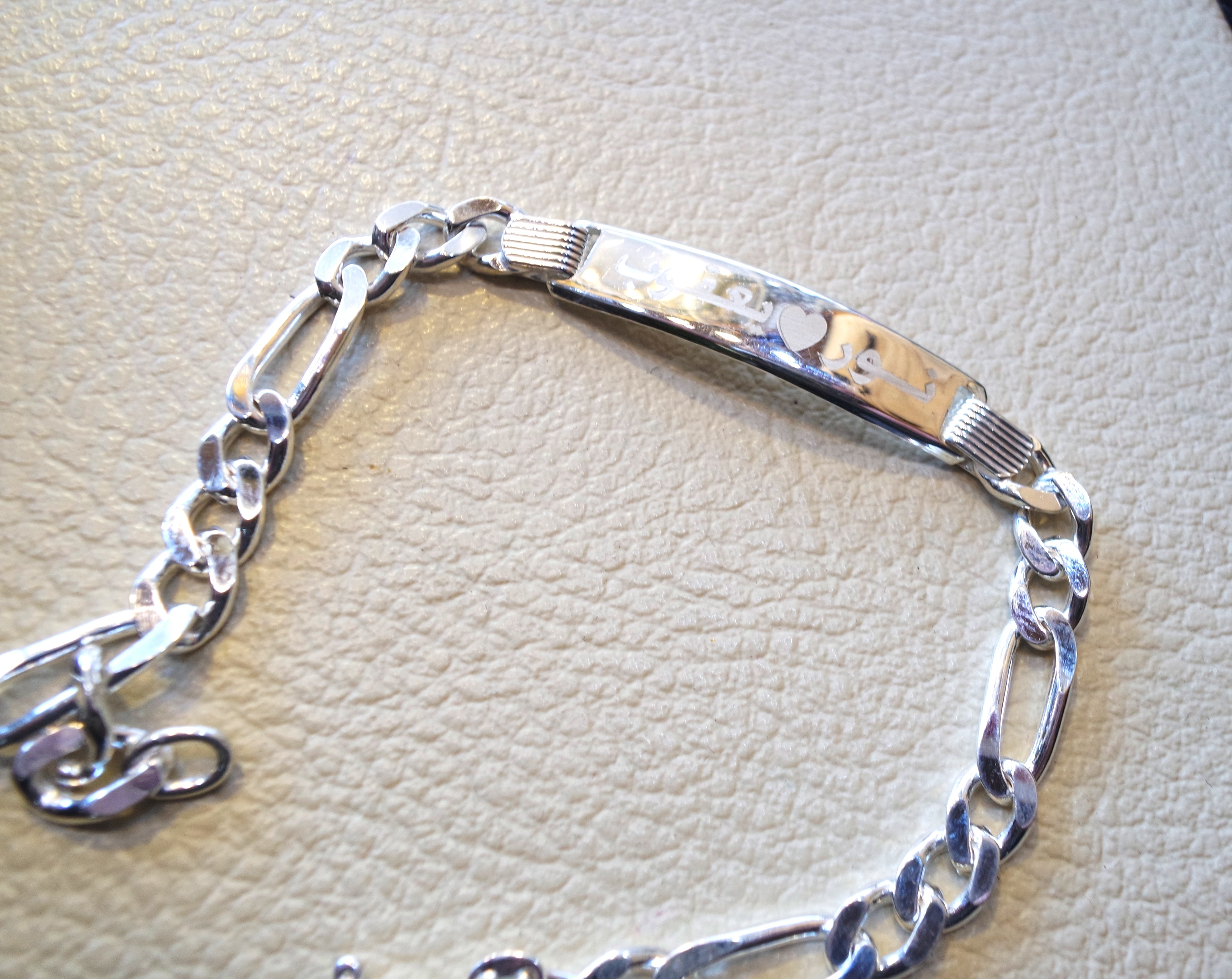 Men silver bracelet laser engraving personalized name Arabic / English sterling silver 925 man gift with nice box , chain and plate style
