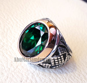 deep vivid fancy green synthetic corundum emerald stone high quality stone sterling silver 925 men ring and bronze frame all sizes jewelry