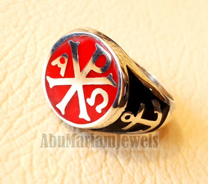 Chi Rho anchor on the sides cross christ christian symbol sterling silver 925 with red and black enamel man round ring jewelry fast shipping