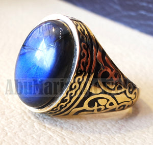 18k gold men ring Labradorite cabochon high quality flashy blue natural stone all sizes Ottoman signet style fine jewelry fast shipping