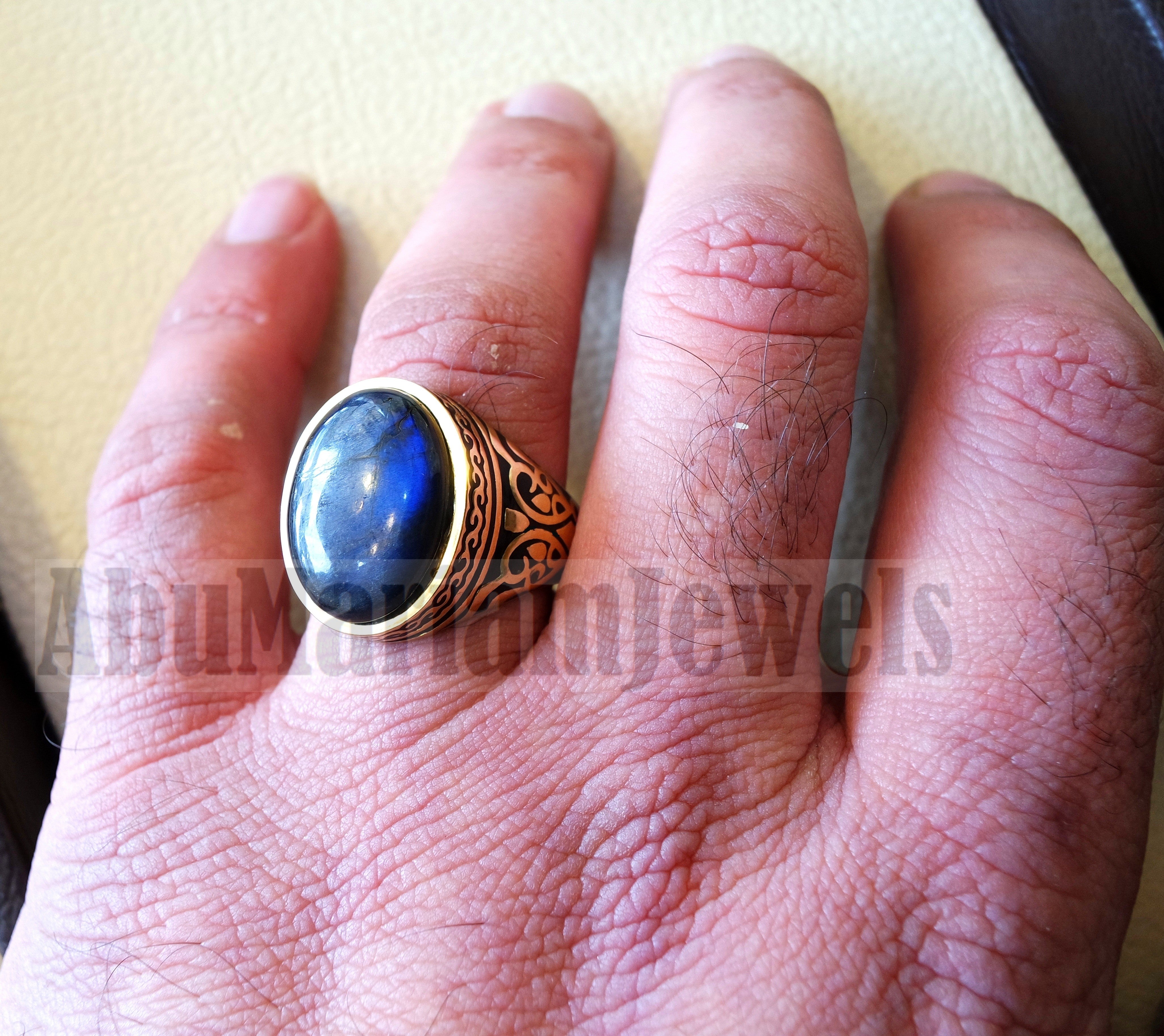 18k gold men ring Labradorite cabochon high quality flashy blue natural stone all sizes Ottoman signet style fine jewelry fast shipping