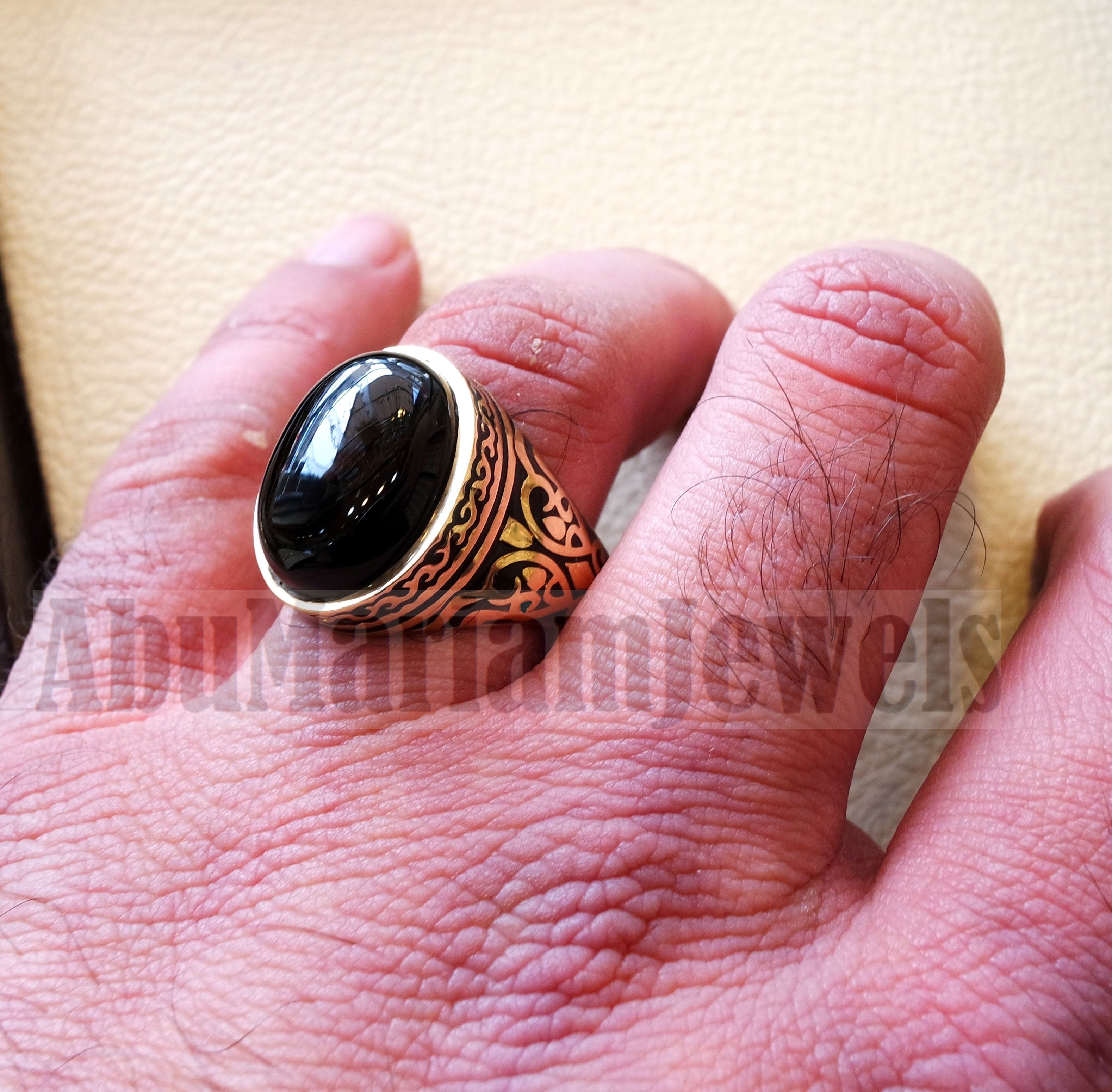 18k gold men ring black onyx cabochon high quality natural stone all sizes Ottoman signet style fine jewelry fast shipping