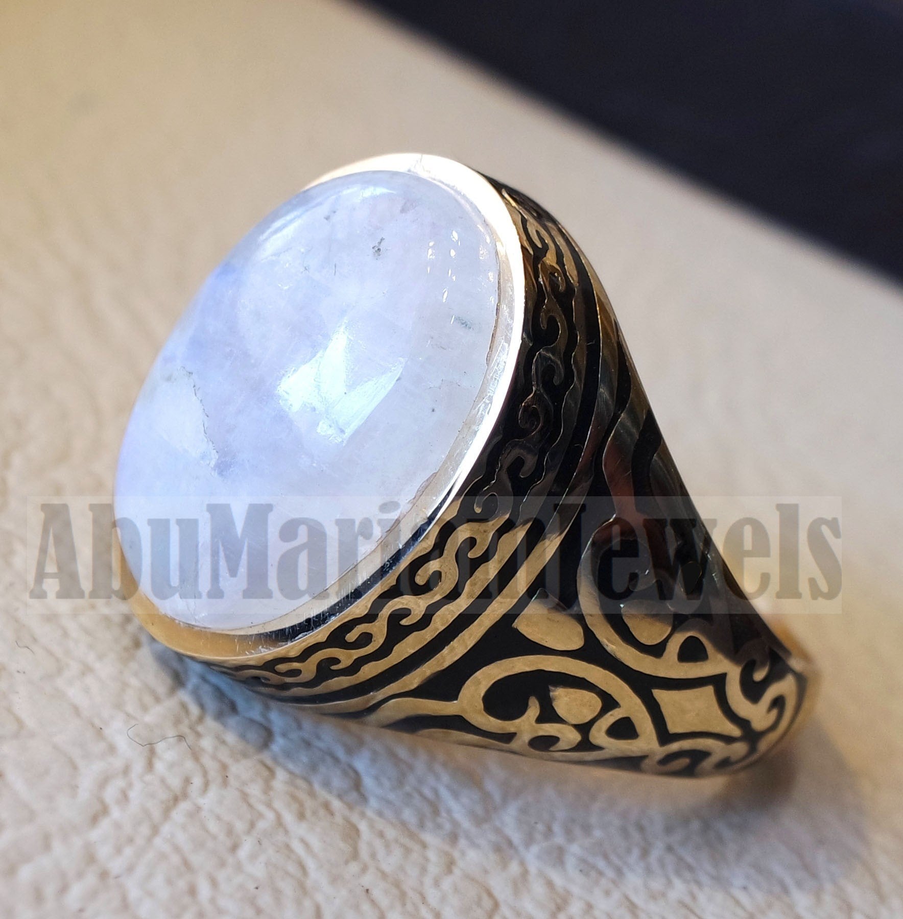 18k gold men ring moonstone cabochon high quality flashy white natural stone all sizes Ottoman signet style fine jewelry fast shipping