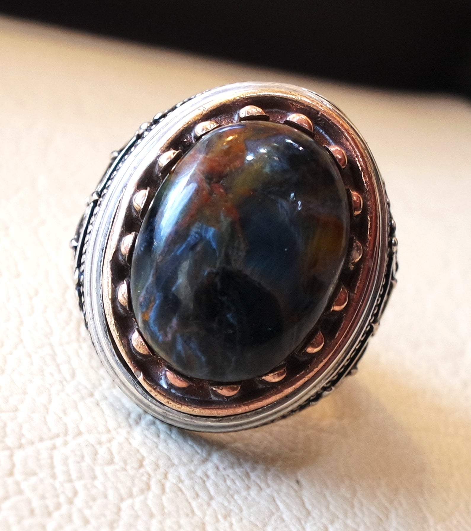 Man ring pietersite natural stunning tempest stone sterling silver 925 and bronze frame oval cabochon multi color gem all sizes jewelry
