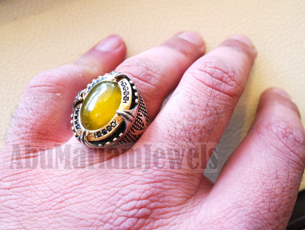 Two swords men ring sterling silver 925 Yellow onyx agate natural stone bronze frame and black cubic zirconia stones all sizes heavy jewelry