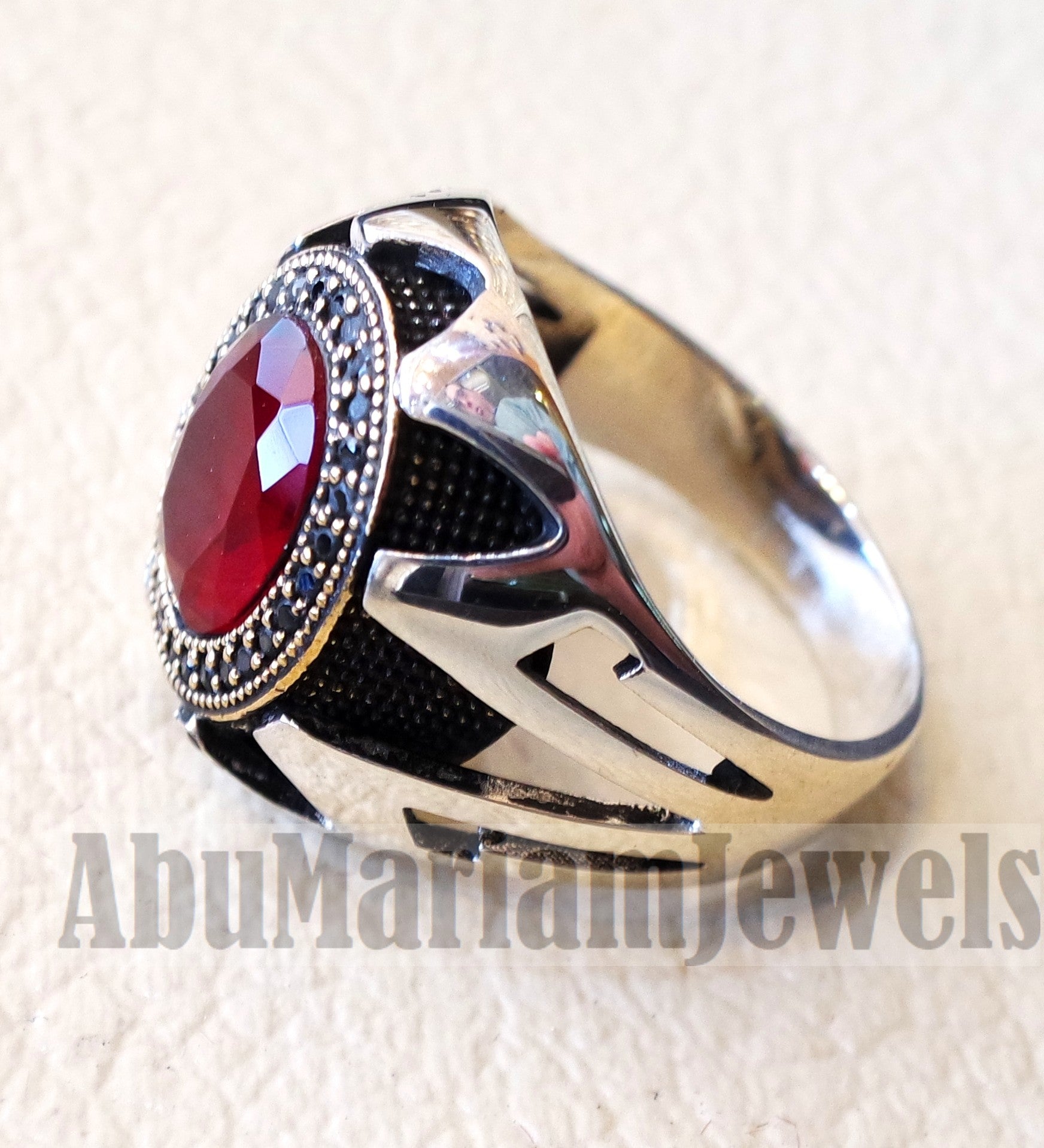 Red corundum identical to genuine ruby stone black cubic zircon on bronze frame stunning sterling silver 925 men ring all sizes