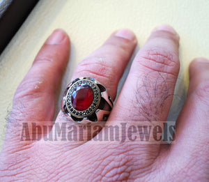 Red corundum identical to genuine ruby stone black cubic zircon on bronze frame stunning sterling silver 925 men ring all sizes