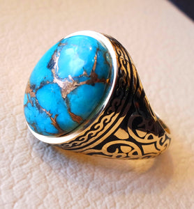 18k yellow gold men ring blue turquoise cabochon high quality natural stone all sizes Ottoman signet style fine jewelry fast shipping