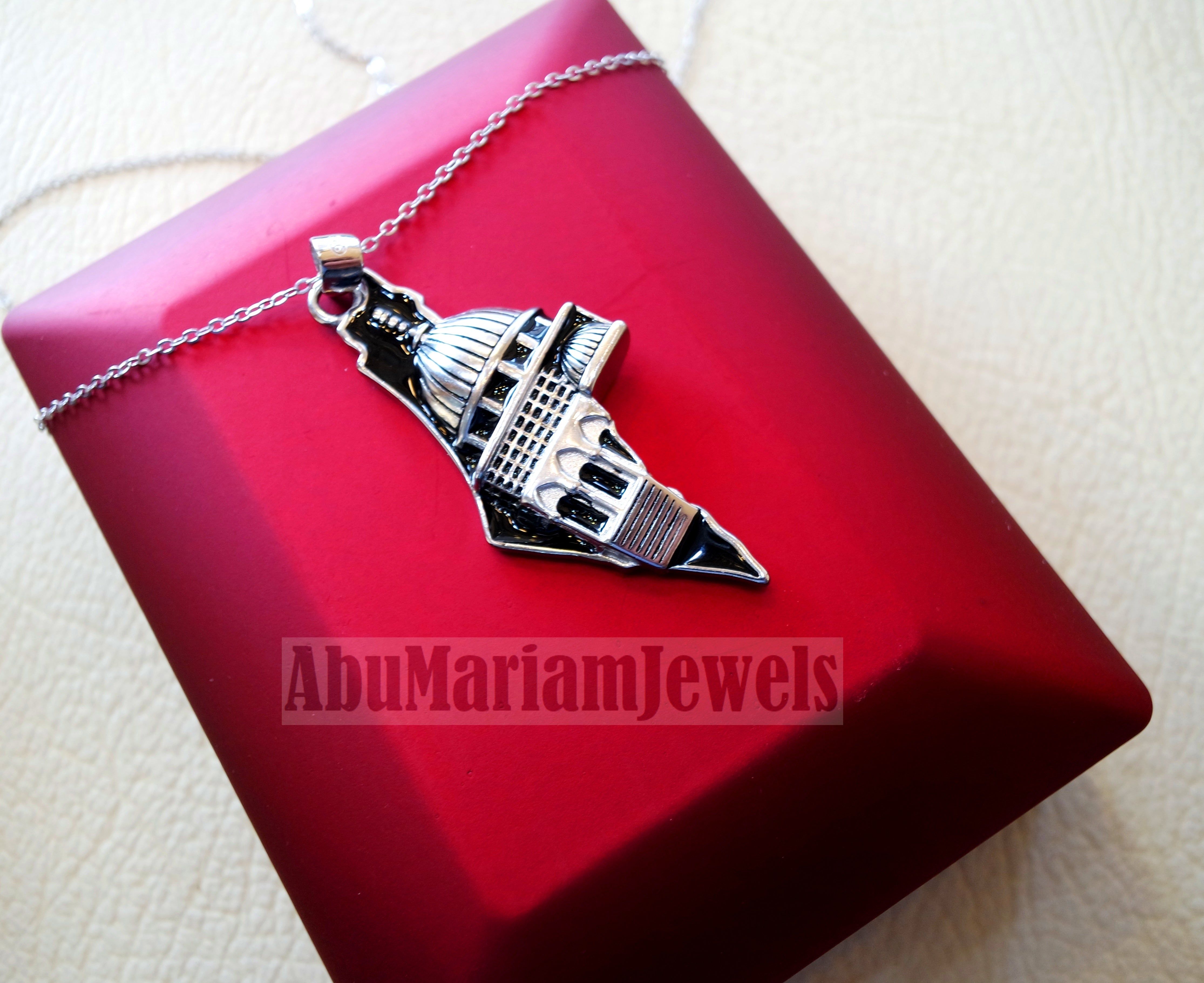 Big Palestine map with Aqsa mosque pendant sterling silver 925 white and black jewelry arabic fast shipping خارطه و علم فلسطين