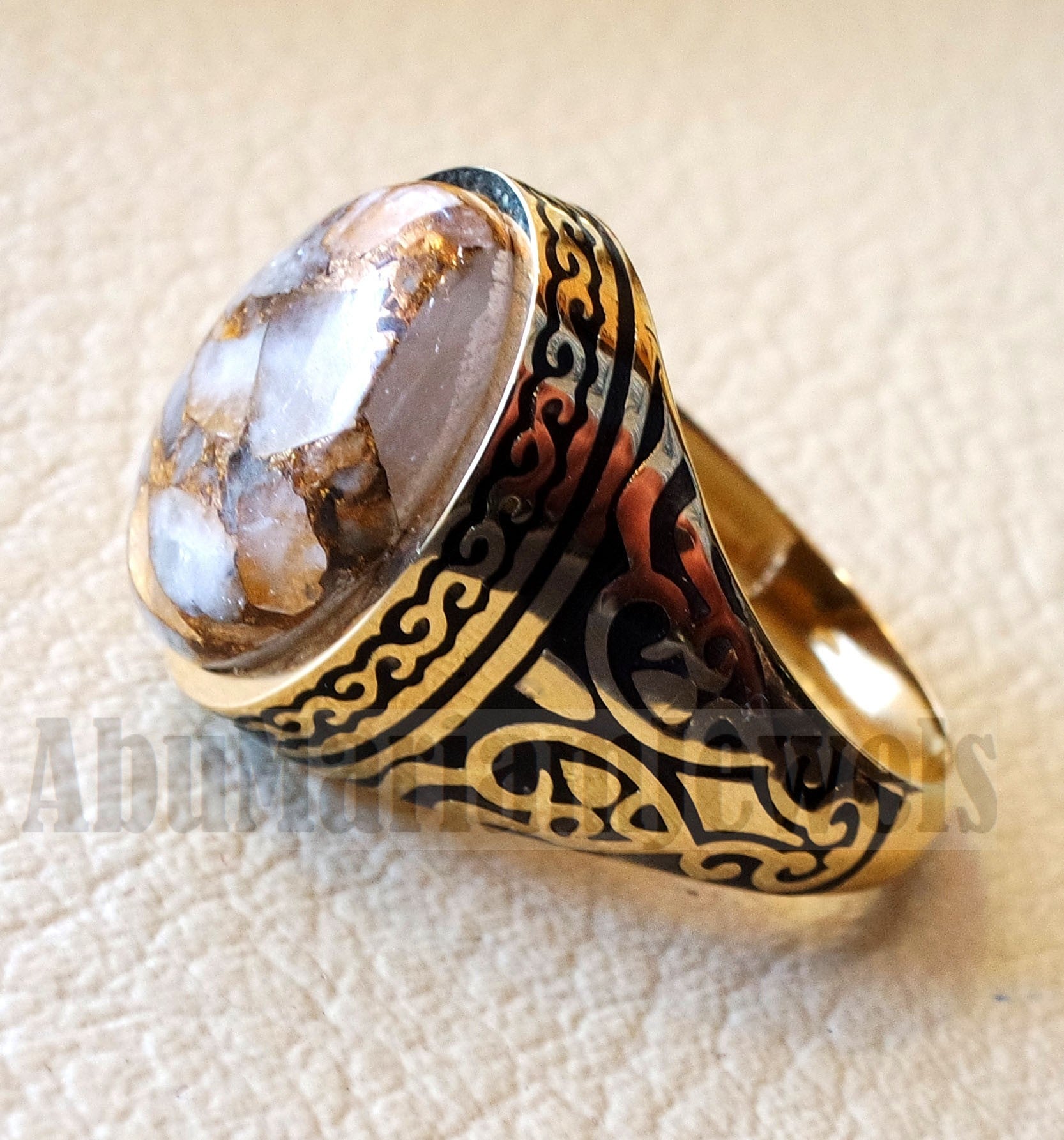 18k yellow gold men ring copper calcite cabochon high quality natural stone all sizes Ottoman signet style fine jewelry fast shipping