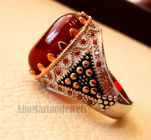 Aqeeq agate brown red natural semi precious carnelian stone man rings all sizes Arabic Ottoman Turkey antique style Orange fire cubic zirconia side