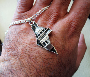 Big Palestine map with Aqsa mosque pendant with thick chain 2 sterling silver 925 white and black jewelry arabic fast shipping خارطه و علم فلسطين