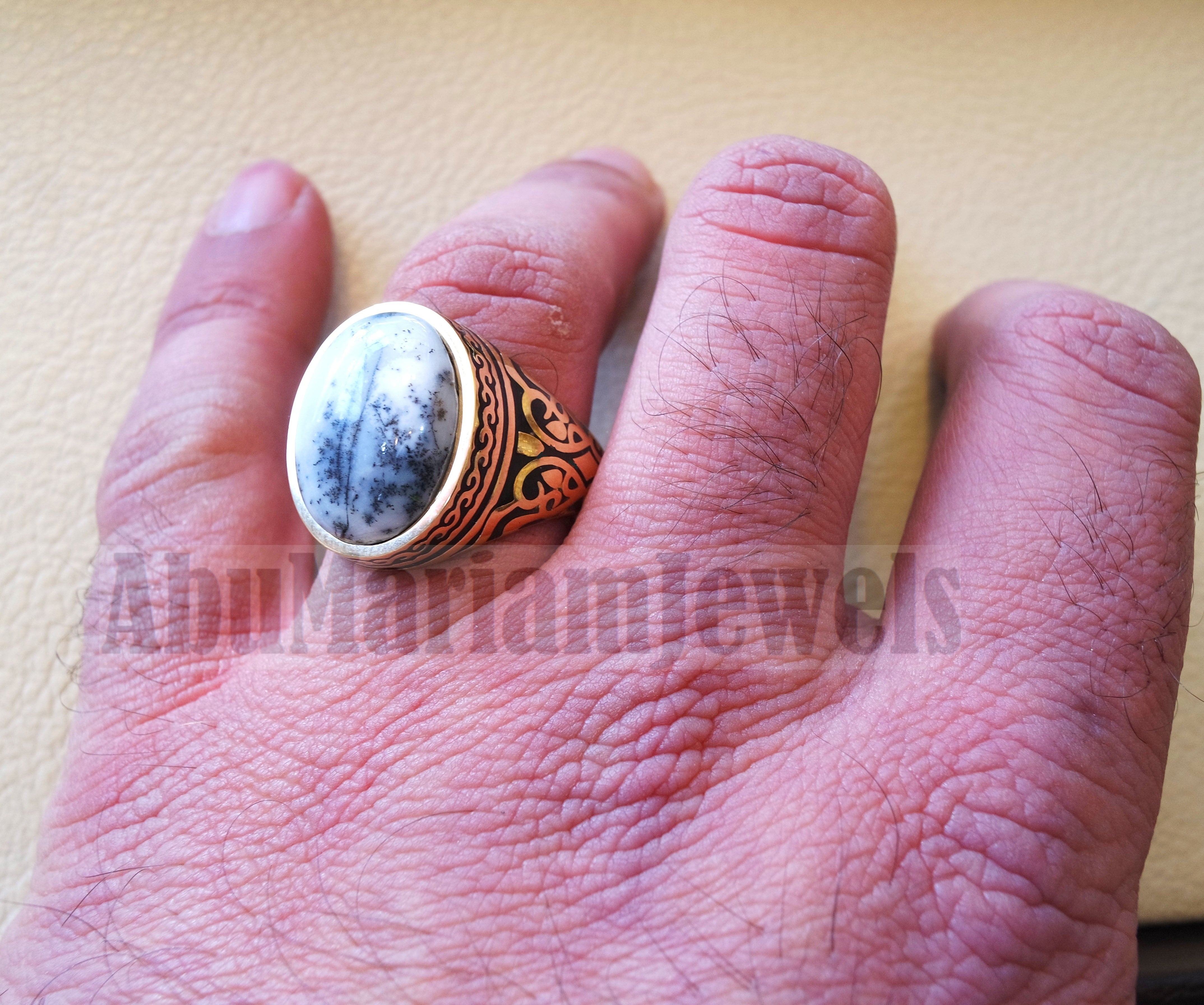 18k yellow gold men ring dendritic opal cabochon high quality natural stone all sizes Ottoman signet style fine jewelry fast shipping