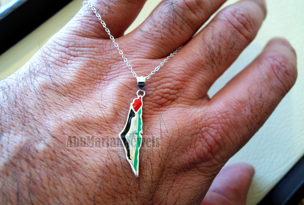 Palestine map pendant with flag colors enamel & sterling silver 925 k high quality jewelry arabic fast shipping خارطه و علم فلسطين