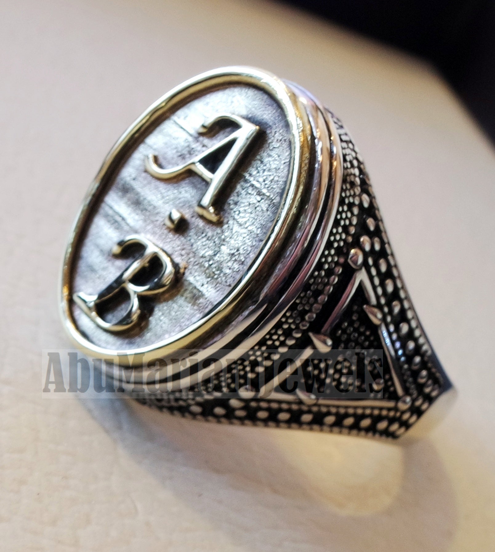 Initials Customized men ring personalized any 2 letters antique jewelry style sterling silver 925 and bronze any size In-1003