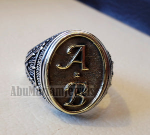 Initials Customized men ring personalized any 2 letters antique jewelry style sterling silver 925 and bronze any size In-1003