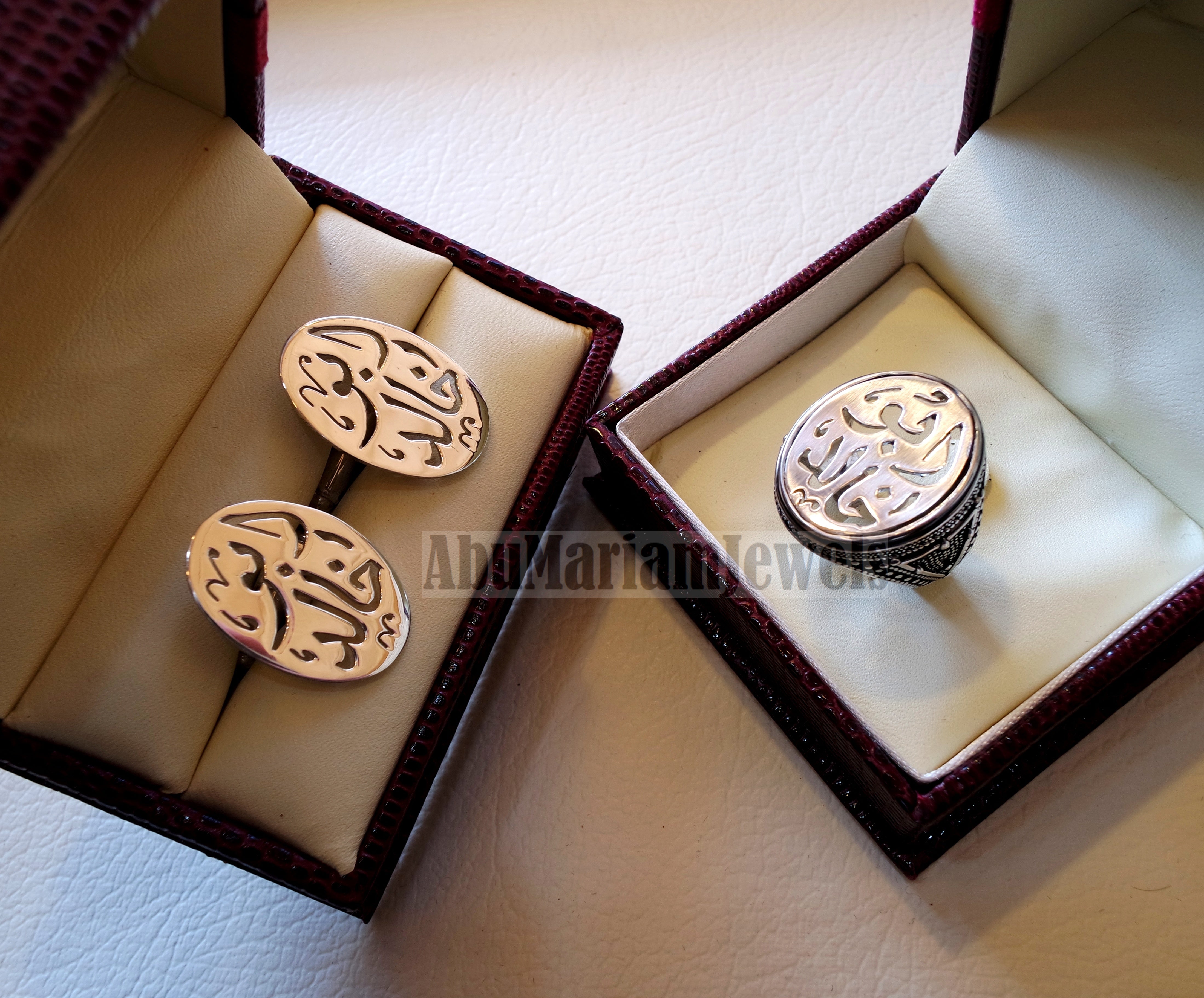 Man set , cufflinks and ring name of two words each calligraphy arabic customized made to order sterling silver 925 heavy men jewelry MS001