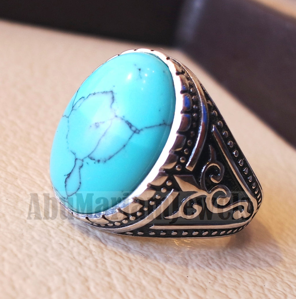 blue turquoise cabochon stone sterling silver 925 men ring vintage ottoman style jewelry oval imitation stone all sizes fast shipping