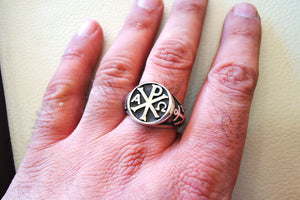 Chi Rho anchor on the sides cross christ christian symbol sterling silver 925 heavy man ring jewelry fast shipping round  shape all sizes